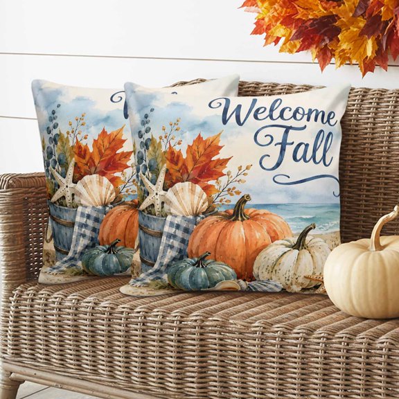 Welcome Fall Script Pillow Covers 2 Pack Coastal Pumpkin Seashells Maple Leaf Beach Pillowcase Waterproof Outdoor Throw Pillow Cover for Patio Garden Balcony Decorative Square Cushion 16"x16"