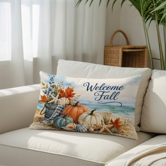Welcome Fall Script Throw Pillow Covers, Coastal Pumpkin Seashells Maple Leaf Beach Decorative Lumbar Throw Pillowcase Cushion Cover with Smooth Hidden Zipper for Bedroom Sofa 12 x 20 Inches
