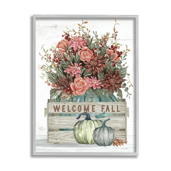 Welcome Fall Seasonal Blooms Holiday Graphic Art Gray Framed Art Print Wall Art