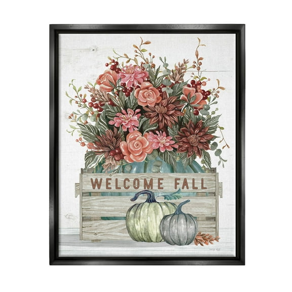 Welcome Fall Seasonal Blooms Holiday Graphic Art Jet Black Framed Art Print Wall Art