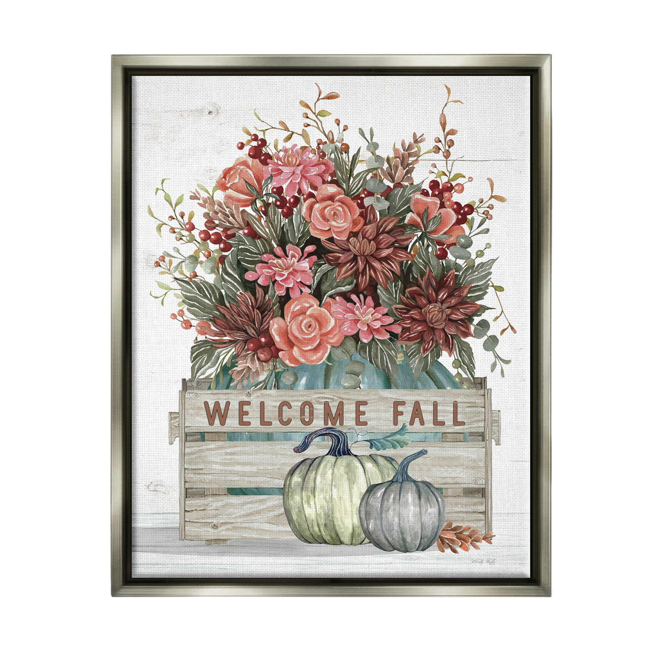 Welcome Fall Seasonal Blooms Holiday Graphic Art Luster Gray Framed Art Print Wall Art