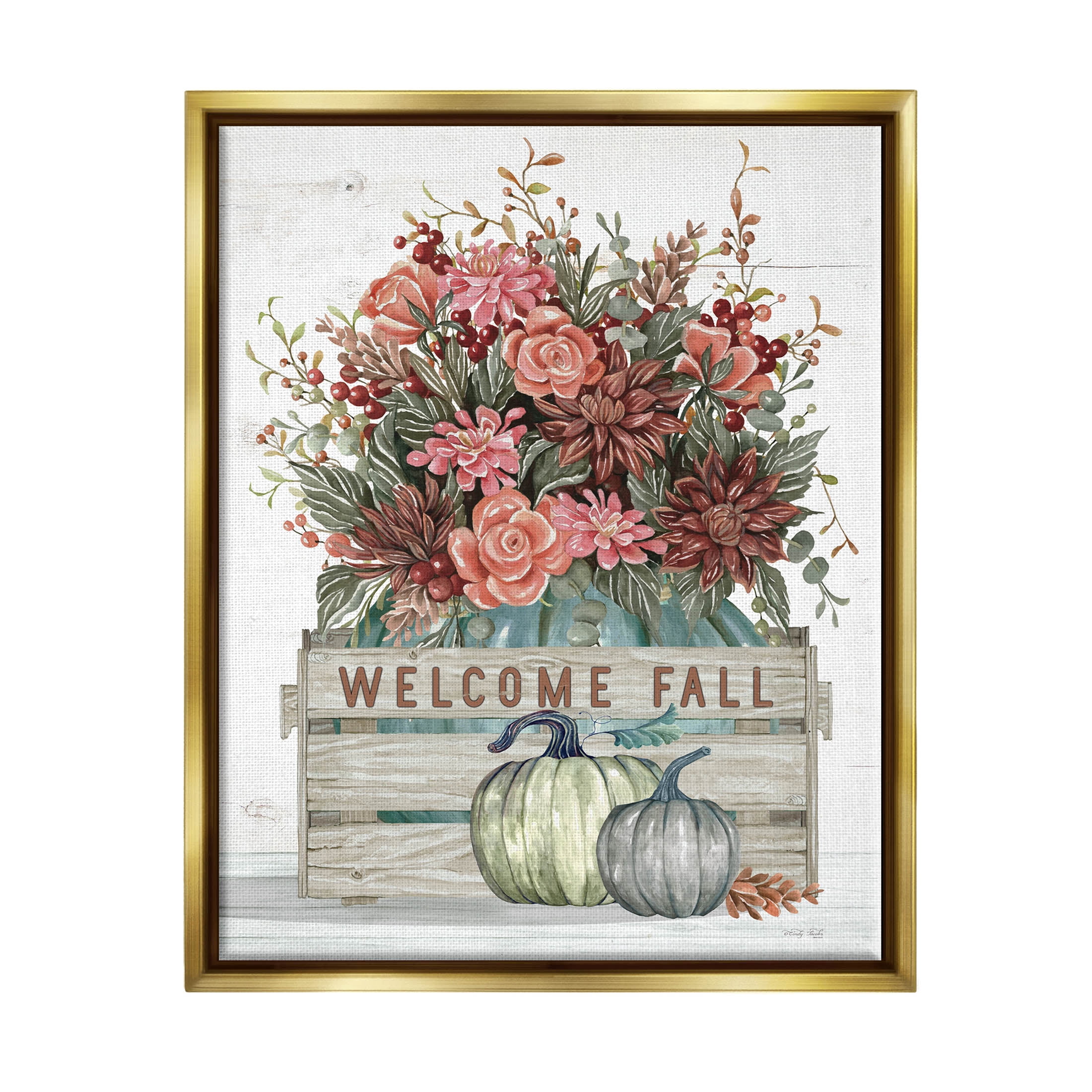 Welcome Fall Seasonal Blooms Holiday Graphic Art Metallic Gold Framed Art Print Wall Art