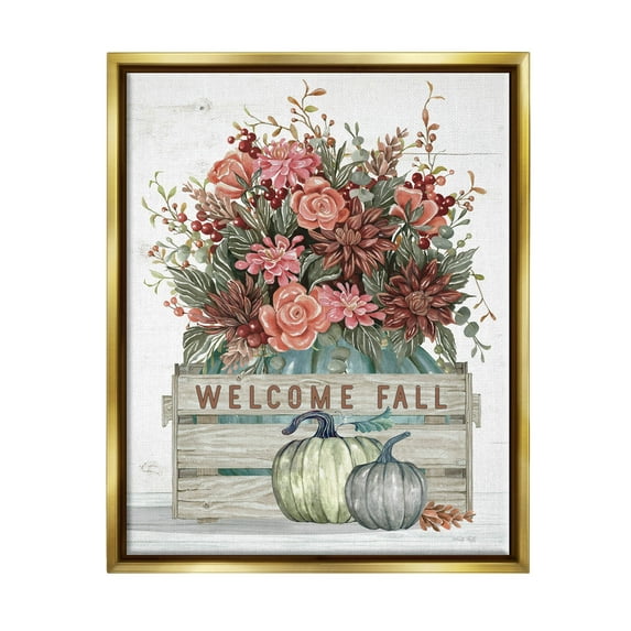 Welcome Fall Seasonal Blooms Holiday Graphic Art Metallic Gold Framed Art Print Wall Art