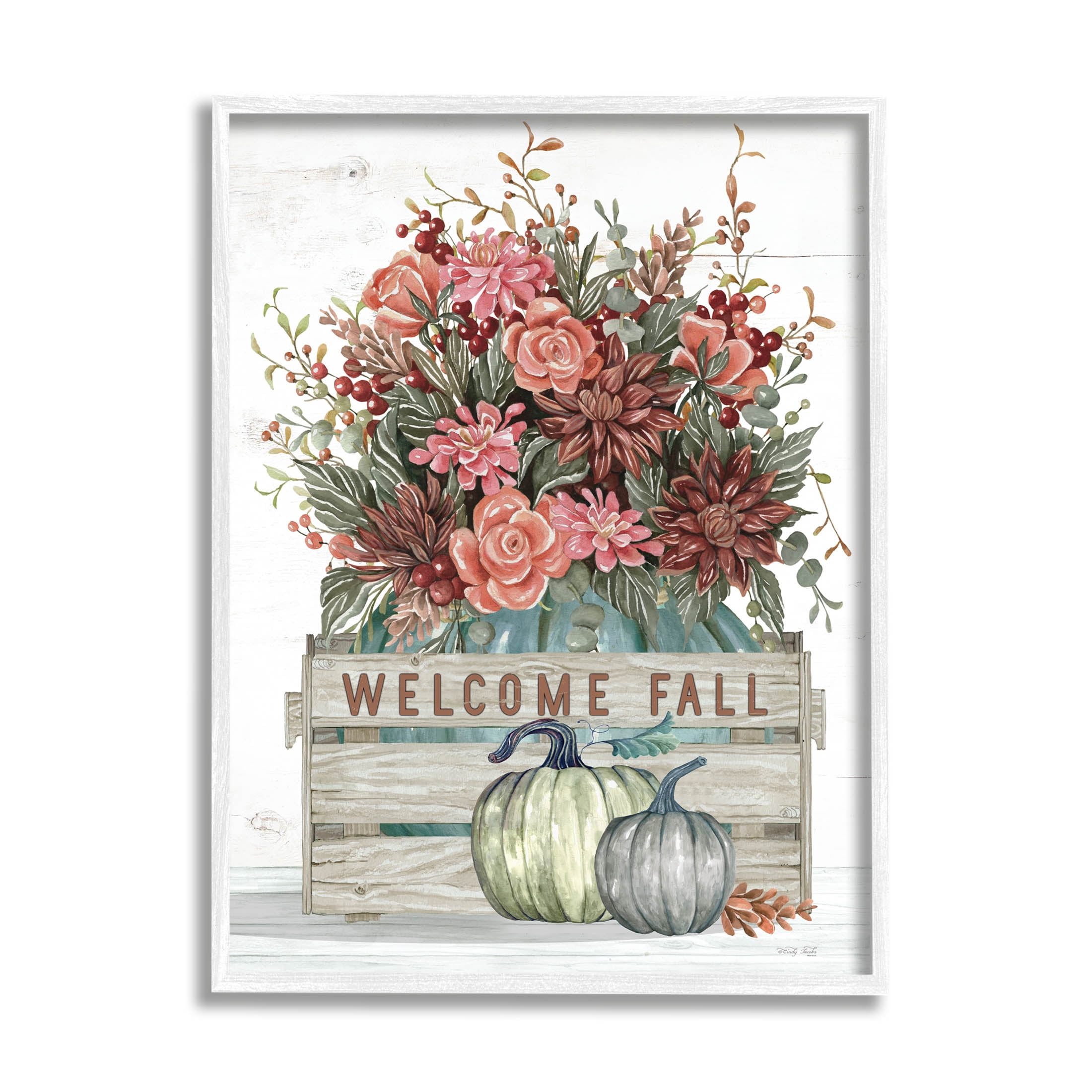 Welcome Fall Seasonal Blooms Holiday Graphic Art White Framed Art Print Wall Art