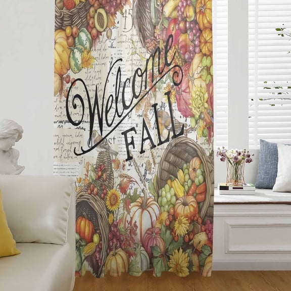 Welcome Fall Semi Sheer Curtains Drapes for Living Room, Bedroom, French Doors Window 63 Inches Long, Farmhouse Thanksgiving Pumpkins Rod Pocket Chiffon Curtain Drapery Voile Draperies Panel