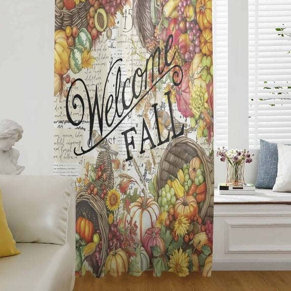 Welcome Fall Semi Sheer Curtains Drapes for Living Room, Bedroom, French Doors Window 96 Inches Long, Farmhouse Thanksgiving Pumpkins Rod Pocket Chiffon Curtain Drapery Voile Draperies Panel