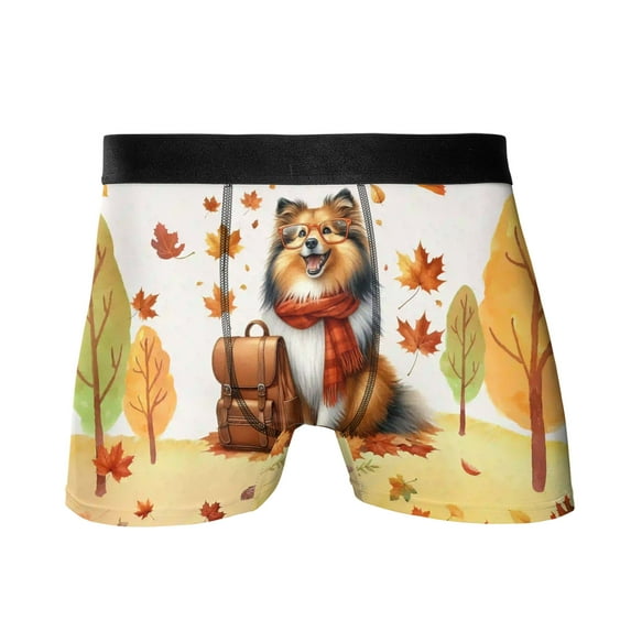 Welcome Fall Shetland Sheepdog Enjoys School Time Autumn Fall Leaves All Over Print Boxer Briefs Underwear for Men Dad Sheltie Dog Lover Gifts - 02013