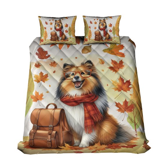 Welcome Fall Shetland Sheepdog Enjoys School Time Autumn Fall Leaves Quilt Bedding Set Sheltie Dog Lover Gifts 1 Blanket Bed Cover 2 Pillowcases - 02013