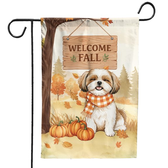 Welcome Fall Shih Tzu Cozy Autumn Field Pumpkins Golden Leaves Garden Flag 12x18in Double Sided Lion Dog Lover Gifts Outdoor Decor - 12013