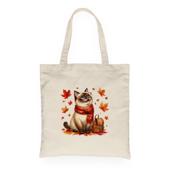 Welcome Fall Siamese Enjoys School Time Autumn Fall Leaves Canvas Tote Bag Cat Lover Kitten Owner Gifts Reusable Shopping Grocery Bag - 02013