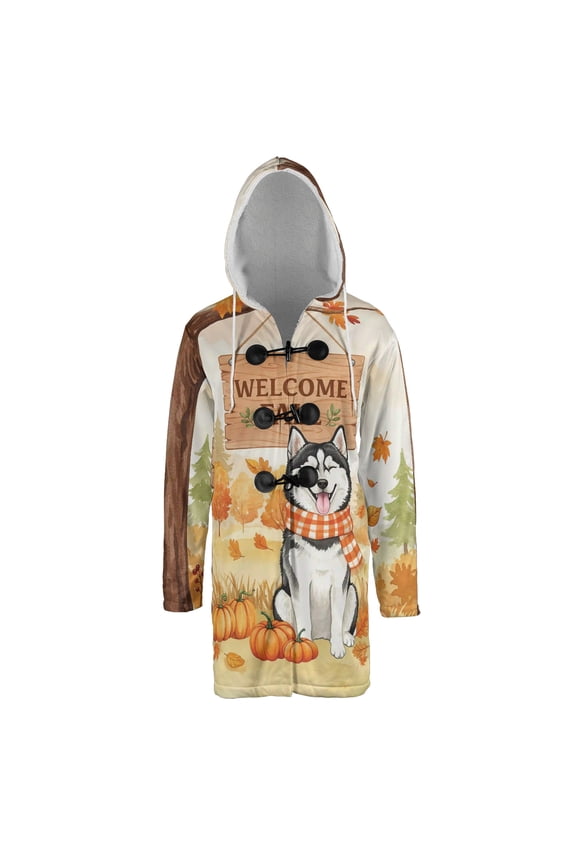 Welcome Fall Siberian Husky Cozy Autumn Field Pumpkins Golden Leaves All Over Print 3D Hooded Duffle Toggle Coat Husky Dog Lover Gifts - 12013