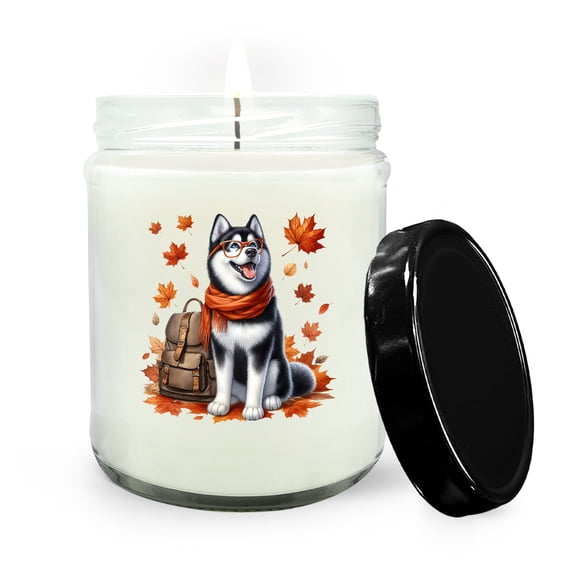 Welcome Fall Siberian Husky Enjoys School Time Autumn Fall Leaves Soy Wax Candle Husky Dog Lover Gifts 16oz White Vanilla Candle - 02013