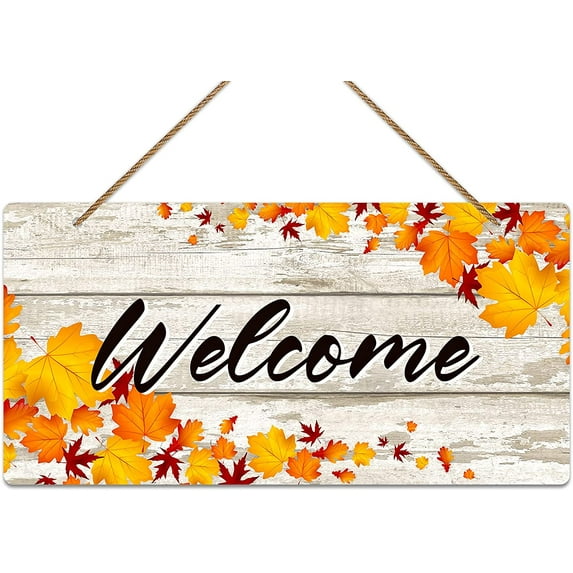 Welcome Fall Sign for Front Door,6"x12" Maple Leaves Farmhouse Welcome Decor Sign Rustic Plaque Door Hanger for Home Porch Entryway Accent Kitchen Housewarming Decorations
