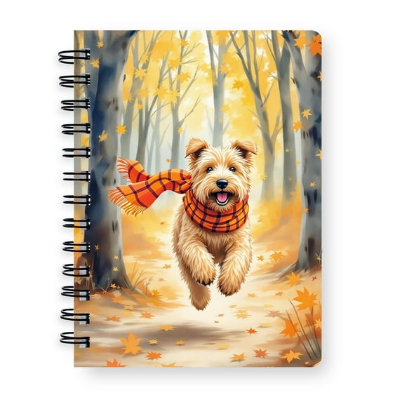 Welcome Fall Soft Coated Wheaten Terrier Strolling Through the Autumn Maple Forest Spiral Bound Journal Wheatie Dog Lover 5x7in Spiral Notebook - 12012