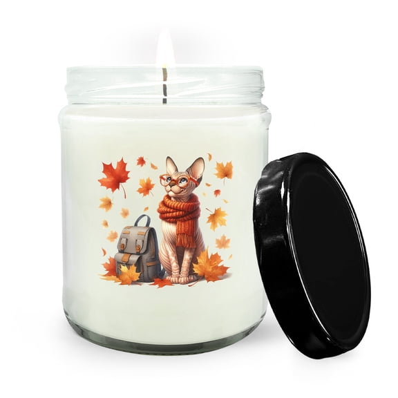 Welcome Fall Sphynx Enjoys School Time Autumn Fall Leaves Soy Wax Candle Cat Lover Kitten Owner Gifts Idea 16oz White Vanilla Candle - 02013