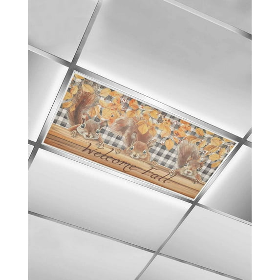 Welcome Fall Squirrel Fluorescent Light Covers for Ceiling Lights 4x2 feet,1 Pack Magnetic Light Filters for Classroom,Thanksgiving Botanical Plaid Fluorescent Light Shade Panel for Office School