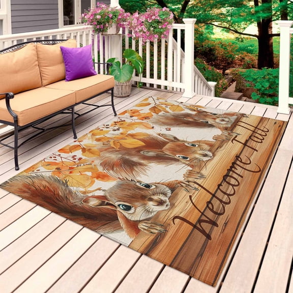 Welcome Fall Squirrel Outdoor Rug for Patio/Deck/Porch, Non-Slip Large Area Rug 5 x 7 Ft, Thanksgiving Botanical Rustic Indoor Outdoor Rugs Washable Area Rugs, Reversible Camping Rug Carpet Runner