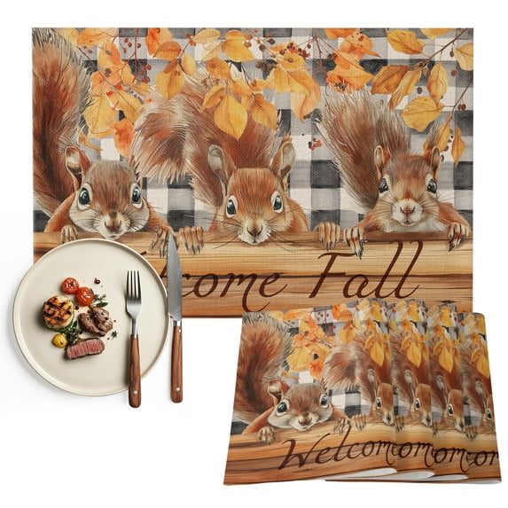 Welcome Fall Squirrel Placemats Set of 2, Thanksgiving Botanical Plaid Washable Wipeable Table Mats for Dining Tables, Indoor Outdoor Kitchen Place Mats for Holiday Party Table Decor