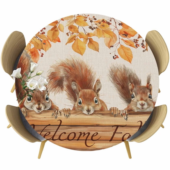 Welcome Fall Squirrel Table Cloth, Round Fitted Tablecloths with Elastic Edge, Thanksgiving Botanical Rustic Wipeable Waterproof Table Cover for Kitchen Wedding 55-60 Inches