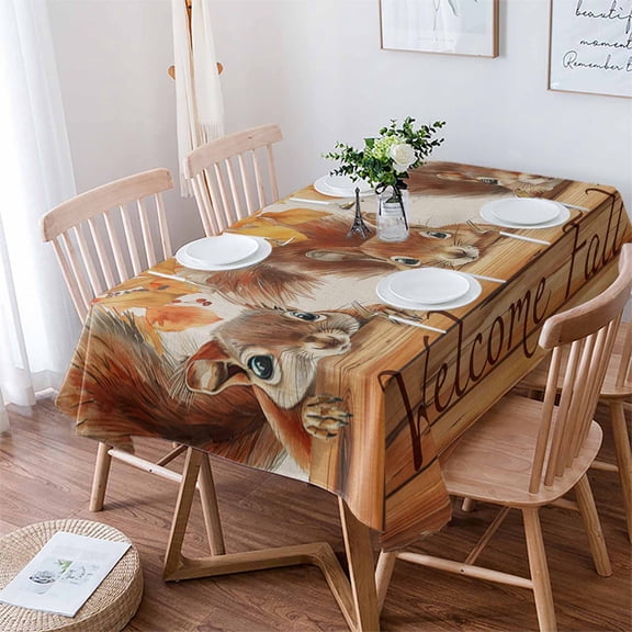 Welcome Fall Squirrel Tablecloth Rectangle Table Cloth 52x70 , Waterproof Tablecloth Outdoor Table Cloth, Thanksgiving Botanical Rustic Washable Table Cover for Kitchen Dining Party