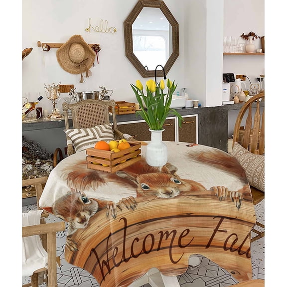 Welcome Fall Squirrel Tablecloth Square Table Cloth 60x60 , Waterproof Tablecloth Outdoor Table Cloth, Thanksgiving Botanical Rustic Washable Table Cover for Kitchen Dining Party