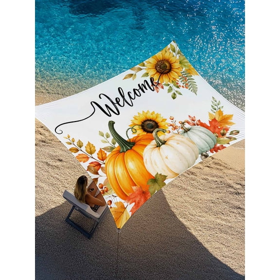 Welcome Fall Sun Shade Sail 12' x 16', Thanksgiving Harvest Pumpkin Sunflower Maple Leaves Berry Rectangle Outdoor Sunshade Canopy, Waterproof UV Block Patio Covers for Garden Yard Beach