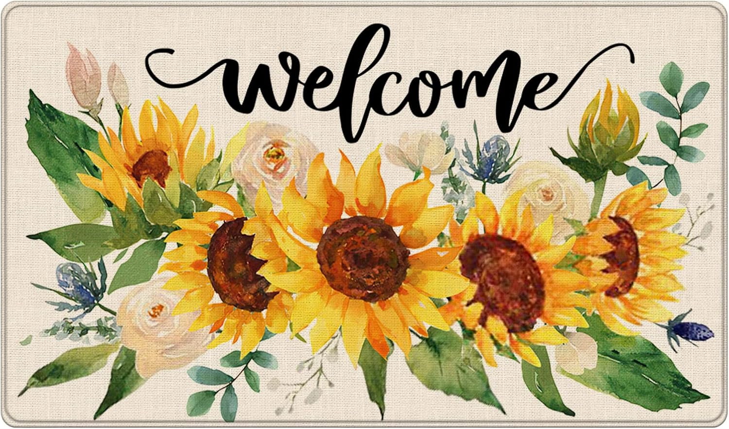 Welcome Fall Sunflower Decorative Front Door Mat, Autumn Floral Flowers Doormat Indoor Outdoor Rose Non-Slip Floor Entryway Rug, Spring Summer Home Kitchen Decoration 17x29 Inch