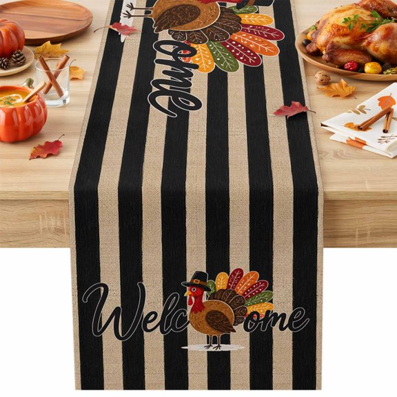Welcome Fall Table Runner, Rustic Black Striped Autumn Thanksgiving Turkey Washable Cotton Linen Table Runners 36 Inches Long, Dresser Scarf Runner for Nightstand/End Tables/Round Tables 13''x36''