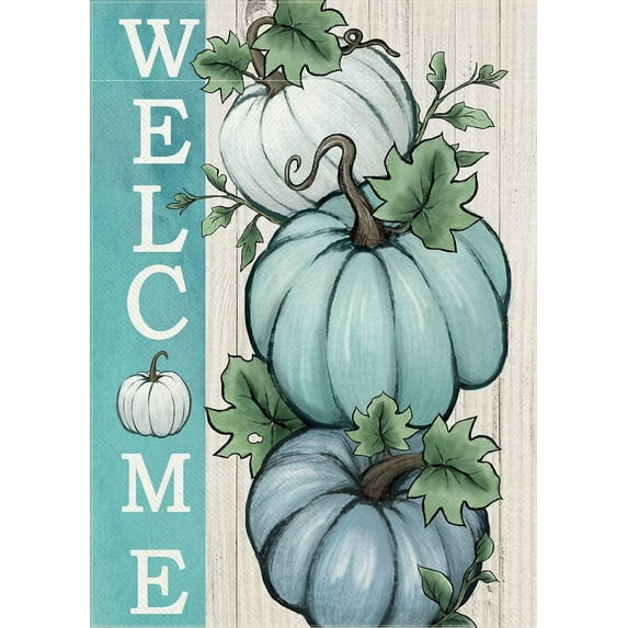 Welcome Fall Teal Blue White Pumpkins Decorative Garden Flag, Autumn Farmhouse Seasonal Yard Outside Decorations, Thanksgiving Burlap Outdoor Small Home Decor Double Sided 12.5x18