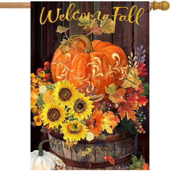 Welcome Fall Thanksgiving Garden Flag, Pumpkin Sunflowers Autumn Home Decorative House Flag Double Sided Large 28 x 40 Inch