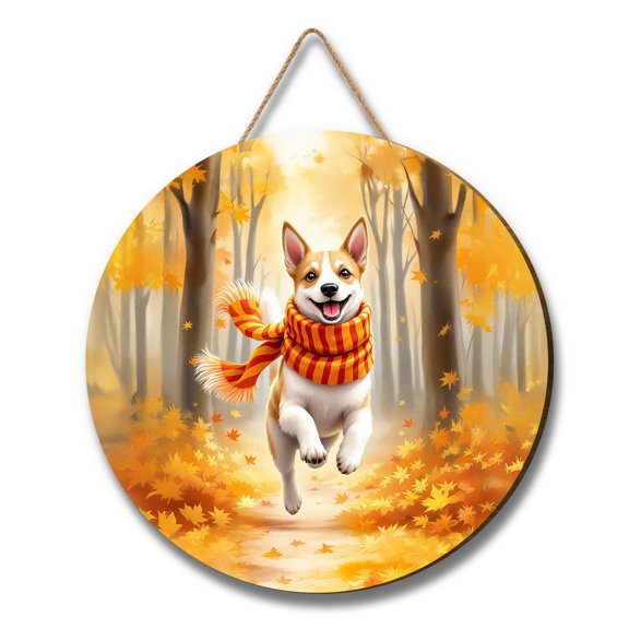 Welcome Fall Toy Fox Terrier Strolling Through the Autumn Maple Forest Round Wood Sign Dog Lover Hanging Wall Home Decor - 12012