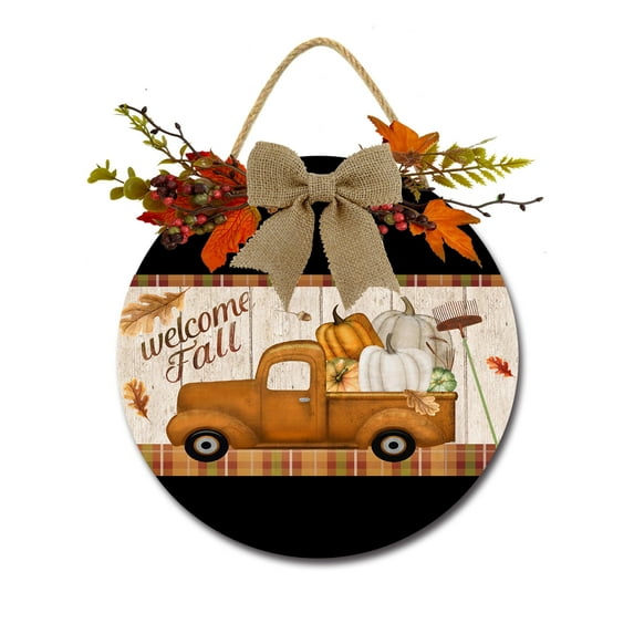 Welcome Fall Truck Sign Front for Door Decoration, 12 in Round Wood Wreaths Wall Hanging Outdoor, Farmhouse, Porch, for Spring Summer Fall All Seasons Holiday Christmas