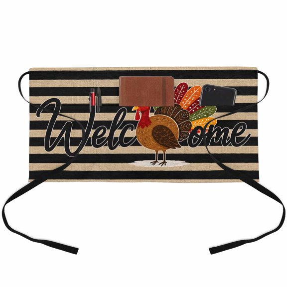 Welcome Fall Waitress Apron with 3 Pockets, Rustic Black Striped Autumn Thanksgiving Turkey Server Aprons Waterproof Kitchen Restaurant Half Waist Apron for Men Women