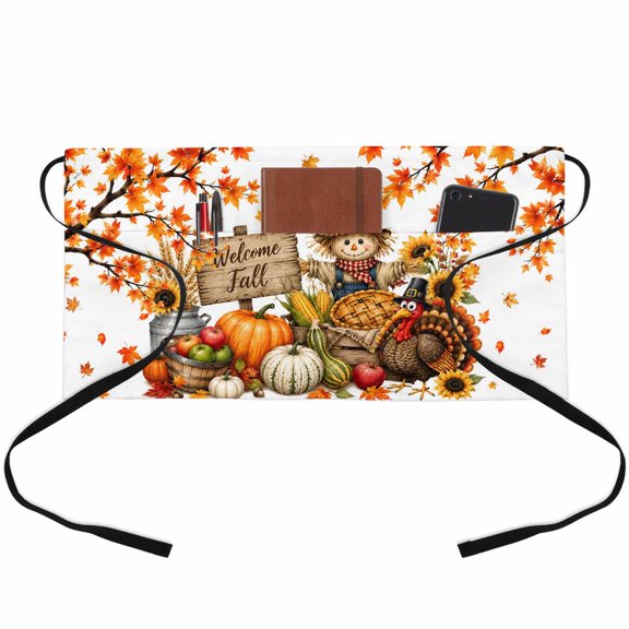 Welcome Fall Waitress Apron with 3 Pockets, Thanksgiving Pumpkins Maple Leaf Turkey Server Aprons Waterproof Kitchen Restaurant Half Waist Apron for Men Women