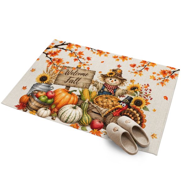 Welcome Fall Washable Area Rug 2 x 3 ft Thanksgiving Country Turkey Pumpkin Sunflower Maple Leaf Soft Non‑Slip Rugs Stain Repellent Indoor Mats for Front Door, Narrow Hallway, Doorway, Bedside
