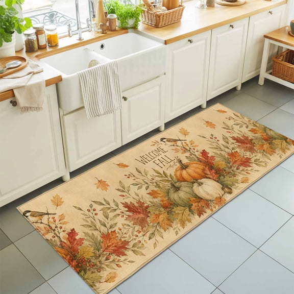 Welcome Fall Washable Runner Rugs 2'x6', Rustic Farmhouse Harvest Pumpkins Bird Leaves Beige Washable Runner Rug Non-Slip Sturdy Edge Binding Carpet for Bedside Hallway Runner Kitchen Galley