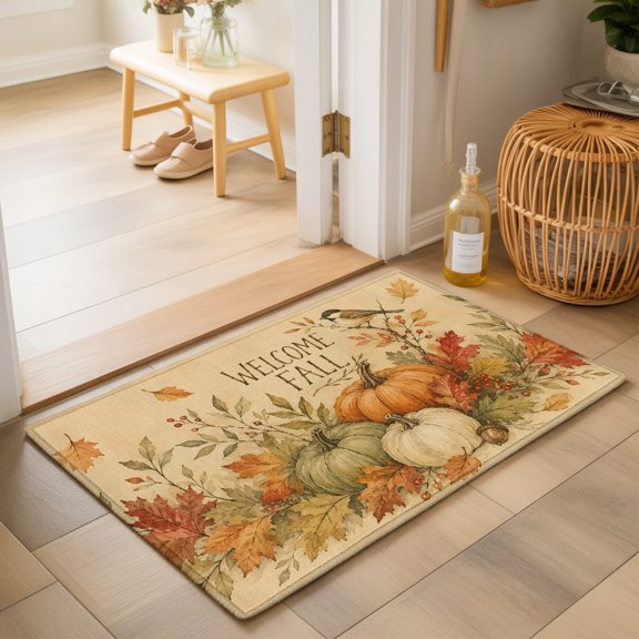 Welcome Fall Washable Small Entryway Area Rugs 2'x3', Rustic Farmhouse Harvest Pumpkins Bird Leaves Beige Washable Throw Rug Non-Slip Sturdy Edge Binding Carpet for Front Door Floor Room Entry