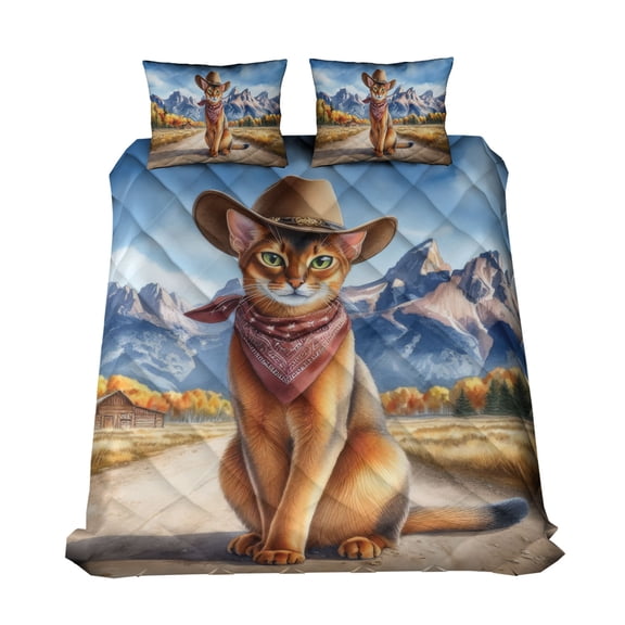 Welcome Fall Western Cowboy Abyssinian Enjoys Majestic Autumn Quilt Bedding Set Cat Lover Kitten Owner Gifts 1 Blanket Bed Cover 2 Pillowcases - 01007