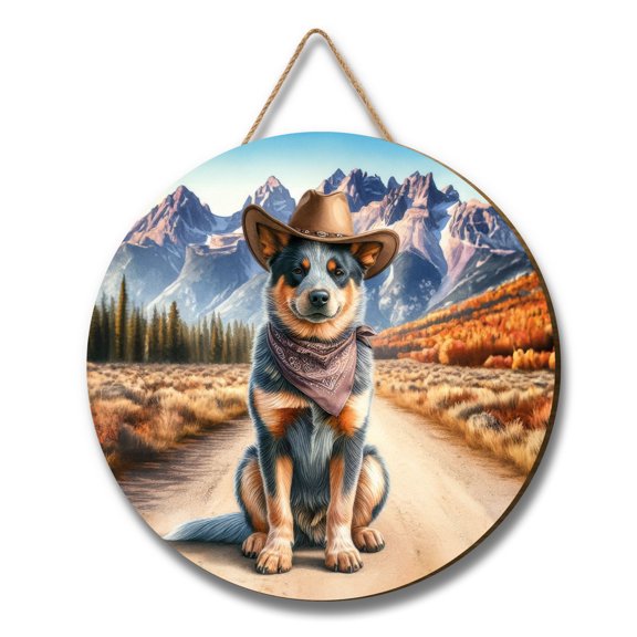Welcome Fall Western Cowboy Australian Cattle Dog Enjoys Majestic Autumn Round Wood Sign Heeler Lover Gifts Hanging Wall Home Decor - 01007