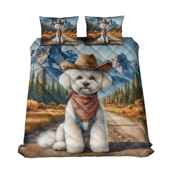 Welcome Fall Western Cowboy Bichon Frise Enjoys Majestic Autumn Quilt Bedding Set Bichons Dog Lovers Gifts Idea 1 Blanket Bed Cover 2 Pillowcases - 01007