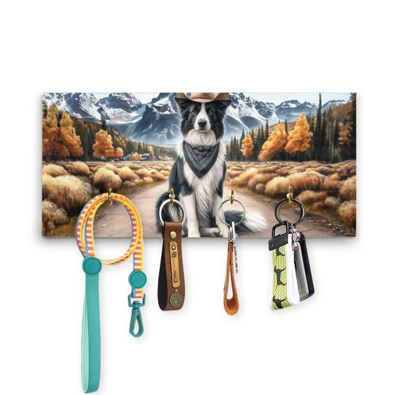 Welcome Fall Western Cowboy Border Collie Enjoys Majestic Autumn Wood Key Holder Borders Dog Lovers Gifts Idea Wall-mounted Key Rack Home Decor - 01007