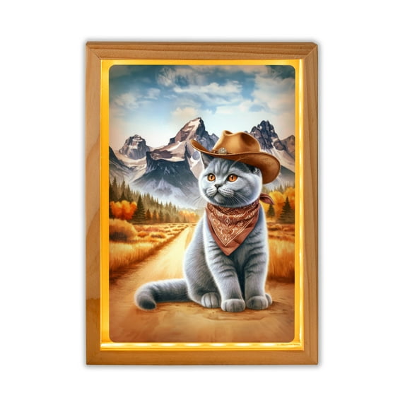 Welcome Fall Western Cowboy British Shorthair Enjoys Majestic Autumn Acrylic Plaque with Wood Photo Frame Box Cat Lover Kitten Owner Gifts Light Box - 01007