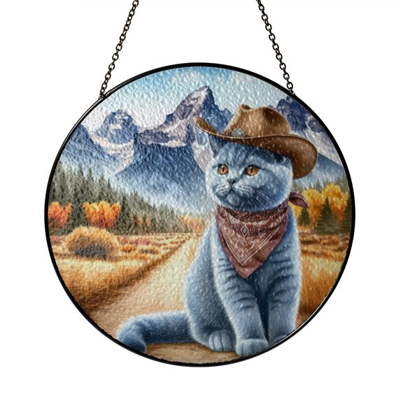 Welcome Fall Western Cowboy British Shorthair Enjoys Majestic Autumn Stained Glass Suncatcher Cat Lover Kitten Owner Gifts Window Hanging Sign Decor - 01007