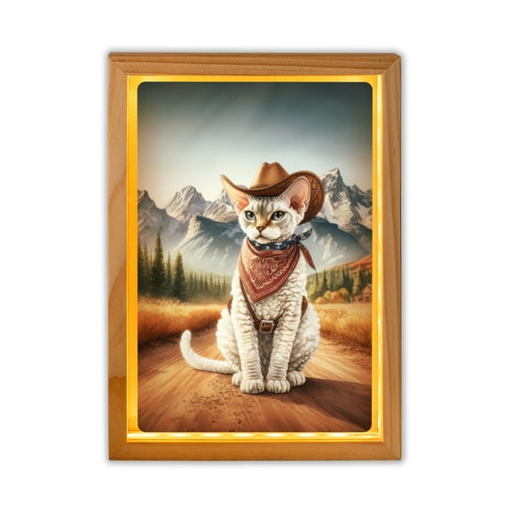 Welcome Fall Western Cowboy Devon Rex Enjoys Majestic Autumn Acrylic Plaque with Wood Photo Frame Box Cat Lover Kitten Owner Gifts Light Box - 01007