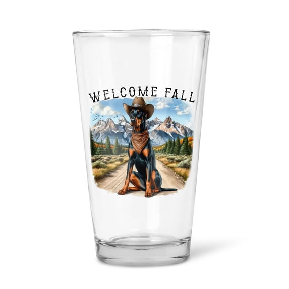 Welcome Fall Western Cowboy Doberman Pinscher Enjoys Majestic Autumn 16oz Pint Beer Glass Mug Doberman Dog Lover Gifts Beer Glasses Cup - 01007