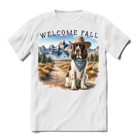 Welcome Fall Western Cowboy English Springer Spaniel Enjoys Majestic Autumn Shirt T-shirt Unisex Merch Springers Dog Lover Gifts - 01007