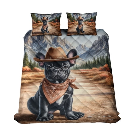Welcome Fall Western Cowboy French Bulldog Enjoys Majestic Autumn Quilt Bedding Set Dog Lover Gifts 1 Blanket Bed Cover 2 Pillowcases - 01007