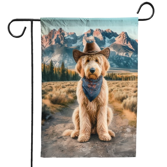 Welcome Fall Western Cowboy Goldendoodle Enjoys Majestic Autumn Garden Flag 12x18in Double Sided Doodle Dog Lover Gifts Idea Outdoor Decor - 01007