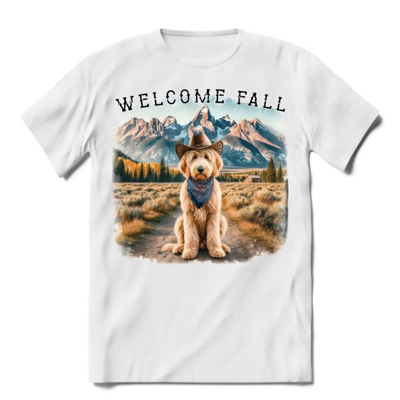 Welcome Fall Western Cowboy Goldendoodle Enjoys Majestic Autumn Shirt T-shirt Unisex Merch Doodle Dog Lover Gifts Idea - 01007