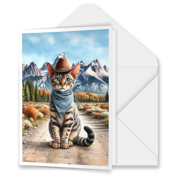 Welcome Fall Western Cowboy Manx Enjoys Majestic Autumn 5x7in Folded Greeting Card Cat Lover Kitten Owner Gifts Single Note Card with Envelope - 01007